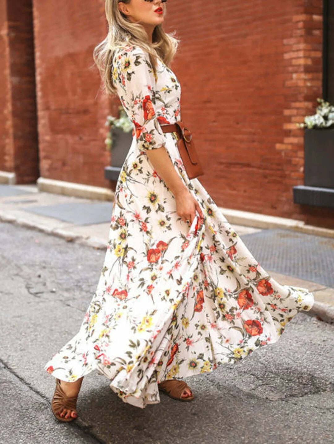 Y2K Floral Maxi Dress - Crew Neck, Lantern Sleeve, Retro 90s Grunge, Summer Party Outfit