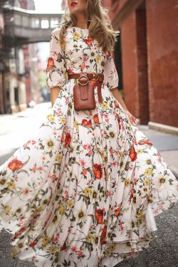 Y2K Floral Maxi Dress - Crew Neck, Lantern Sleeve, Retro 90s Grunge, Summer Party Outfit