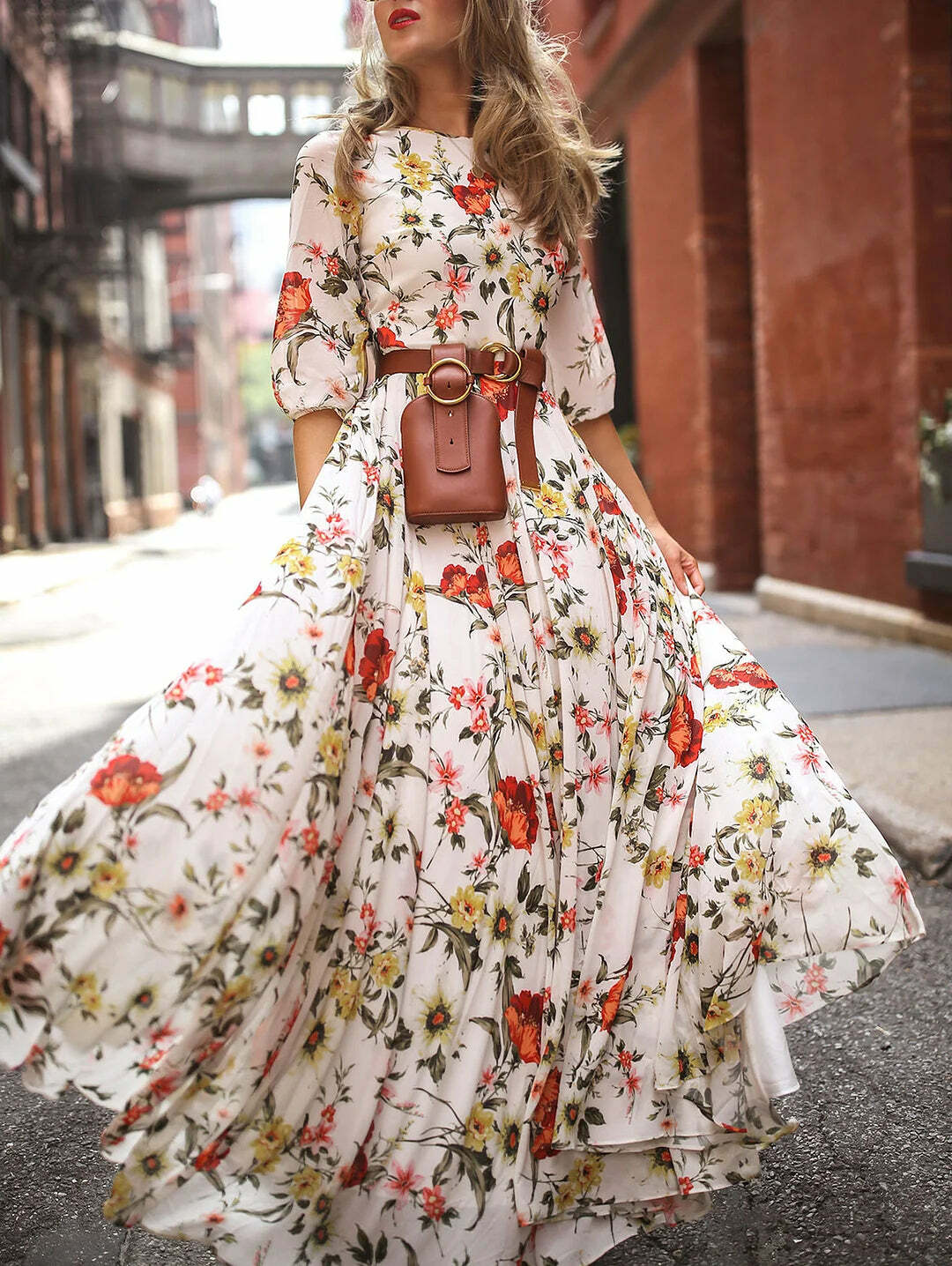 Y2K Floral Maxi Dress - Crew Neck, Lantern Sleeve, Retro 90s Grunge, Summer Party Outfit
