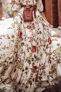 Y2K Floral Maxi Dress - Crew Neck, Lantern Sleeve, Retro 90s Grunge, Summer Party Outfit