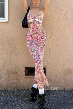 Y2K Floral Maxi Dress - Retro 90s Grunge Summer Outfit, Pastel Goth, Y2K Party Fashion