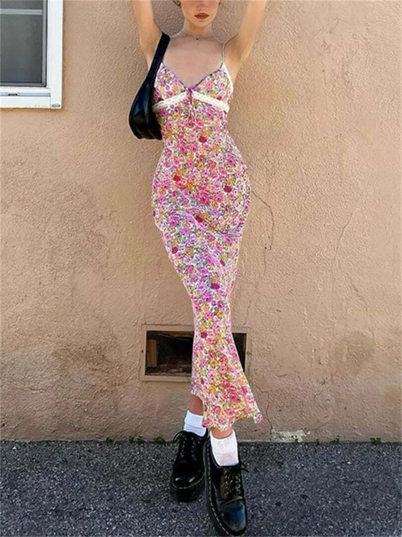 Y2K Floral Maxi Dress - Retro 90s Grunge Summer Outfit, Pastel Goth, Y2K Party Fashion