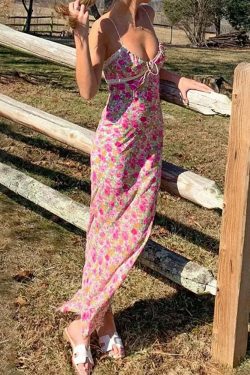 Y2K Floral Maxi Dress - Retro 90s Grunge Summer Outfit, Pastel Goth, Y2K Party Fashion