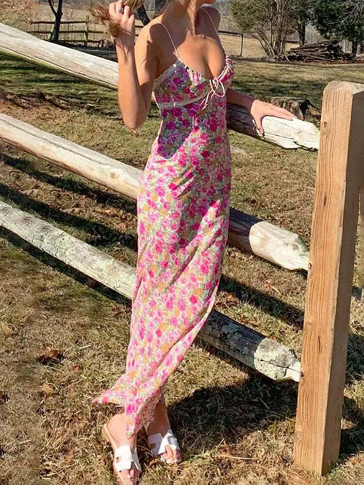 Y2K Floral Maxi Dress - Retro 90s Grunge Summer Outfit, Pastel Goth, Y2K Party Fashion