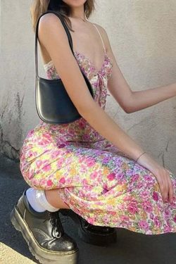 Y2K Floral Maxi Dress - Retro 90s Grunge Summer Outfit, Pastel Goth, Y2K Party Fashion