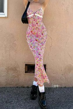 Y2K Floral Maxi Dress - Retro 90s Grunge Summer Outfit, Pastel Goth, Y2K Party Fashion