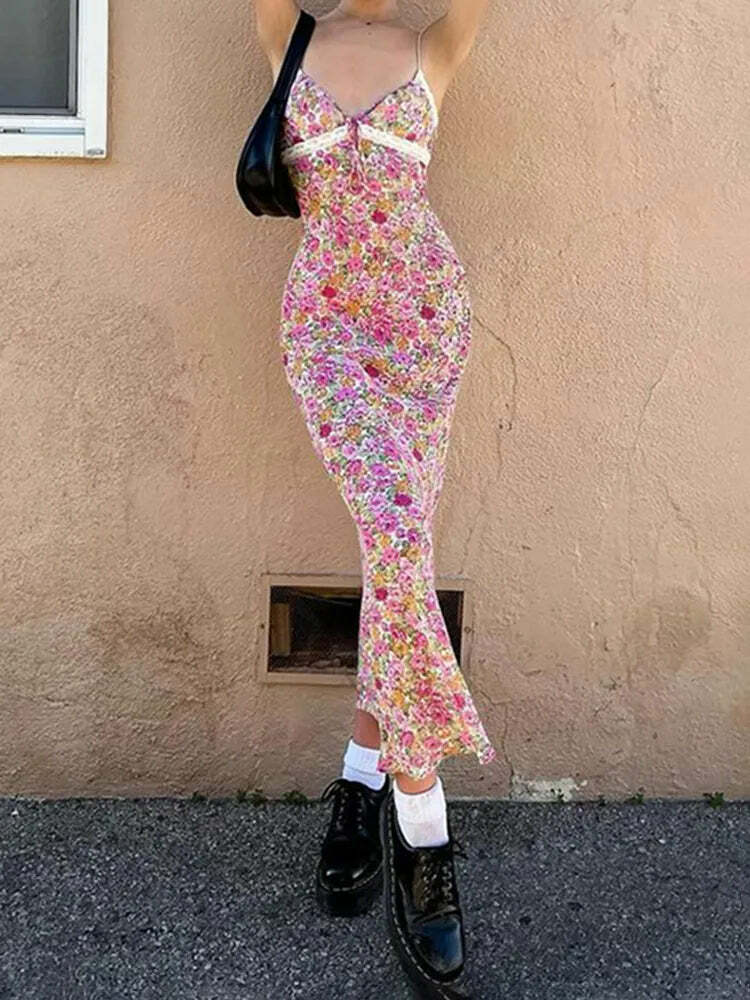 Y2K Floral Maxi Dress - Retro 90s Grunge Summer Outfit, Pastel Goth, Y2K Party Fashion