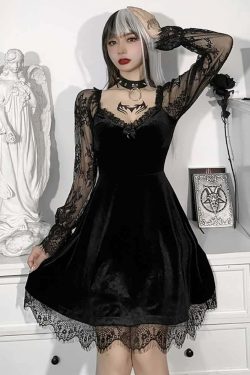 Y2K Floral Mesh Long Sleeve Gothic Velvet Dress - Retro 90s Grunge Party Outfit