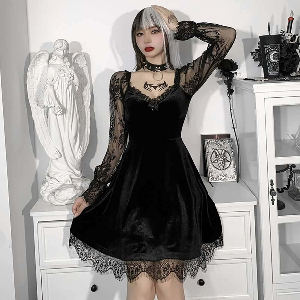 Y2K Floral Mesh Long Sleeve Gothic Velvet Dress - Retro 90s Grunge Party Outfit