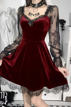 Y2K Floral Mesh Long Sleeve Gothic Velvet Dress - Retro 90s Grunge Party Outfit