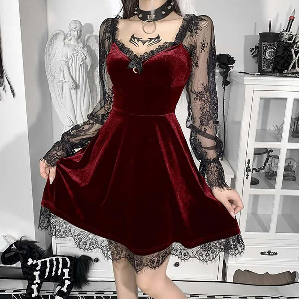 Y2K Floral Mesh Long Sleeve Gothic Velvet Dress - Retro 90s Grunge Party Outfit