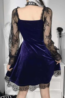 Y2K Floral Mesh Long Sleeve Gothic Velvet Dress - Retro 90s Grunge Party Outfit