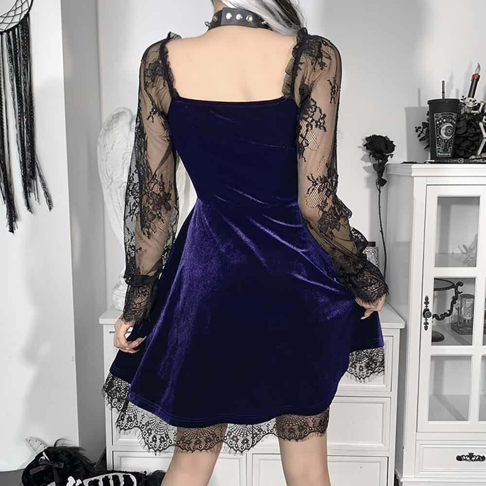 Y2K Floral Mesh Long Sleeve Gothic Velvet Dress - Retro 90s Grunge Party Outfit