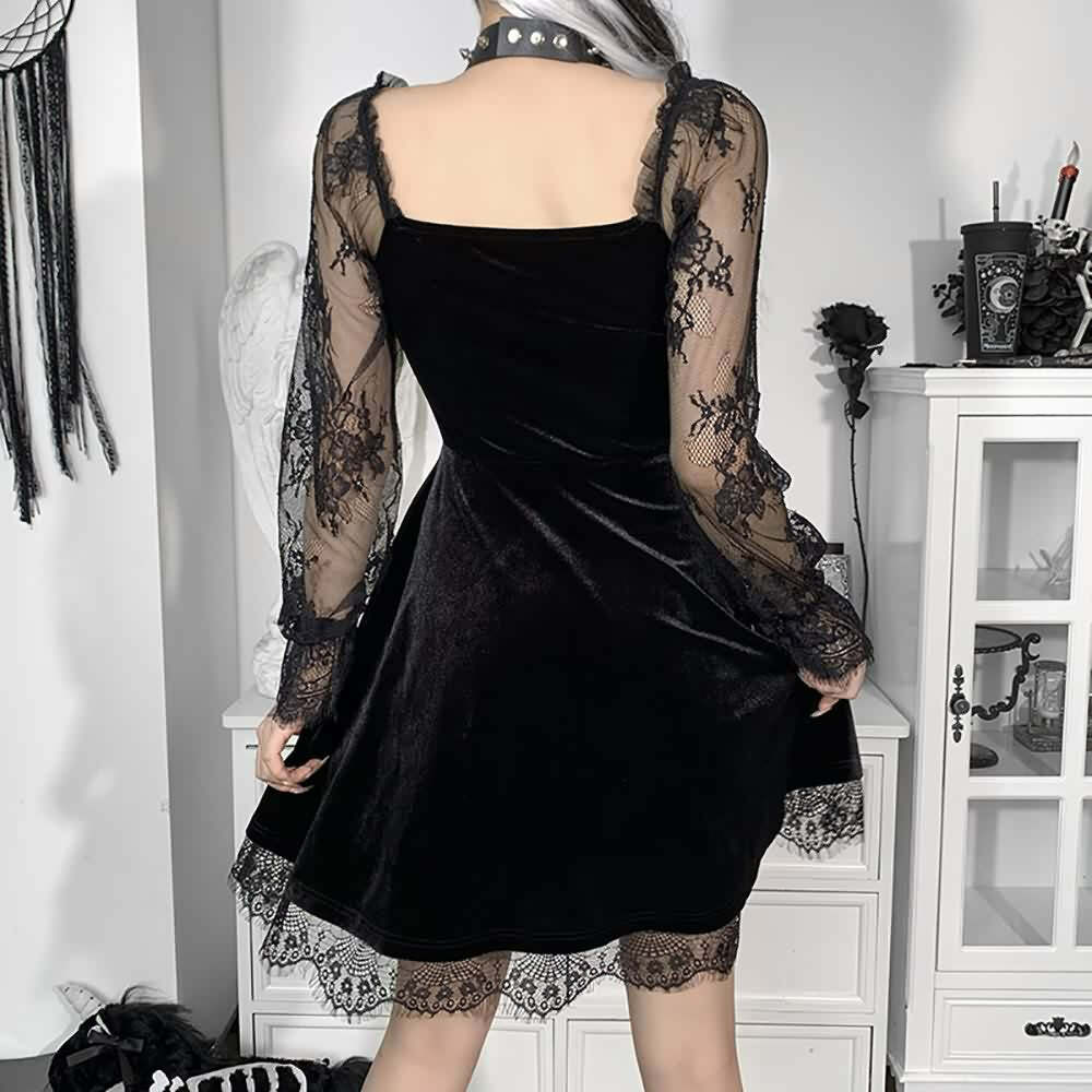 Y2K Floral Mesh Long Sleeve Gothic Velvet Dress - Retro 90s Grunge Party Outfit