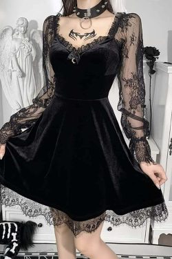 Y2K Floral Mesh Long Sleeve Gothic Velvet Dress - Retro 90s Grunge Party Outfit