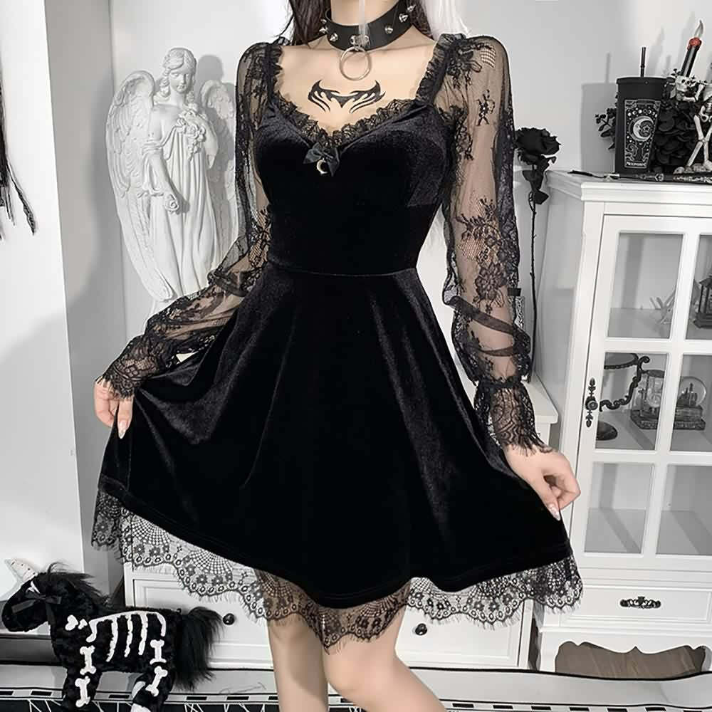 Y2K Floral Mesh Long Sleeve Gothic Velvet Dress - Retro 90s Grunge Party Outfit