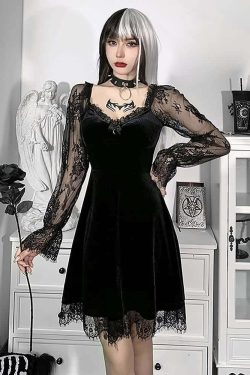 Y2K Floral Mesh Long Sleeve Gothic Velvet Dress - Retro 90s Grunge Party Outfit