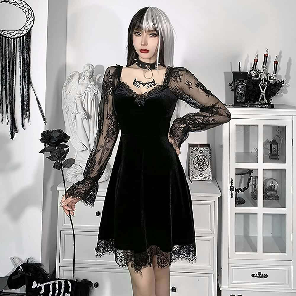 Y2K Floral Mesh Long Sleeve Gothic Velvet Dress - Retro 90s Grunge Party Outfit