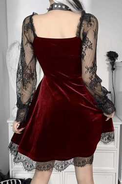 Y2K Floral Mesh Long Sleeve Gothic Velvet Dress - Retro 90s Grunge Party Outfit