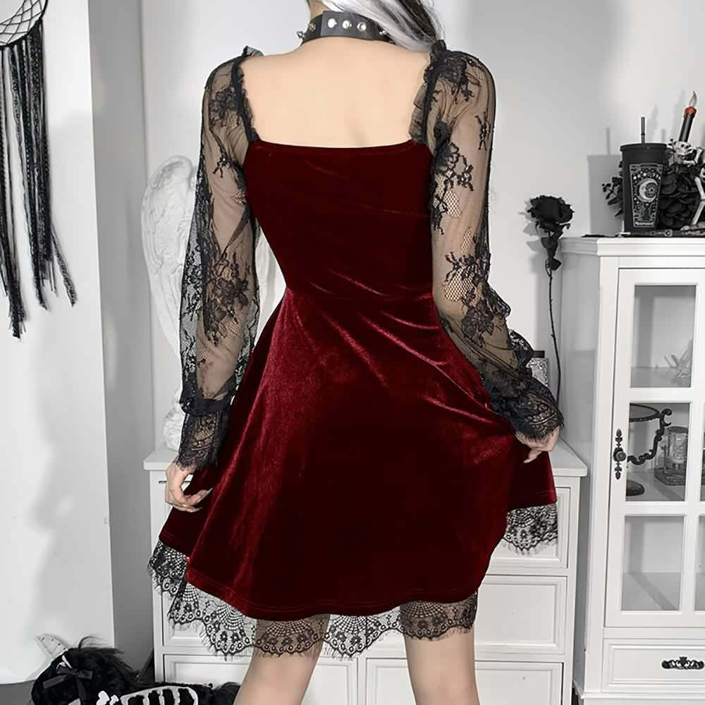 Y2K Floral Mesh Long Sleeve Gothic Velvet Dress - Retro 90s Grunge Party Outfit