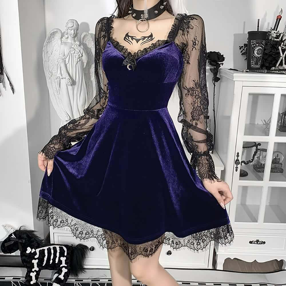 Y2K Floral Mesh Long Sleeve Gothic Velvet Dress - Retro 90s Grunge Party Outfit