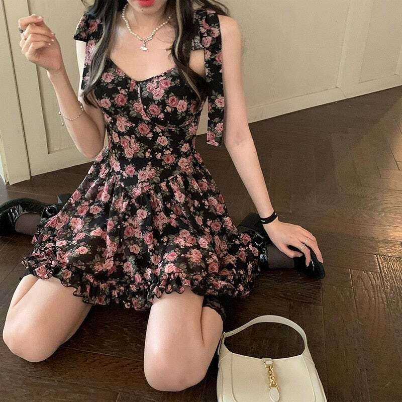 Y2K Floral Mini Dress - Soft Girl Aesthetic, 90s Grunge, Summer Y2K Outfits, Retro Style