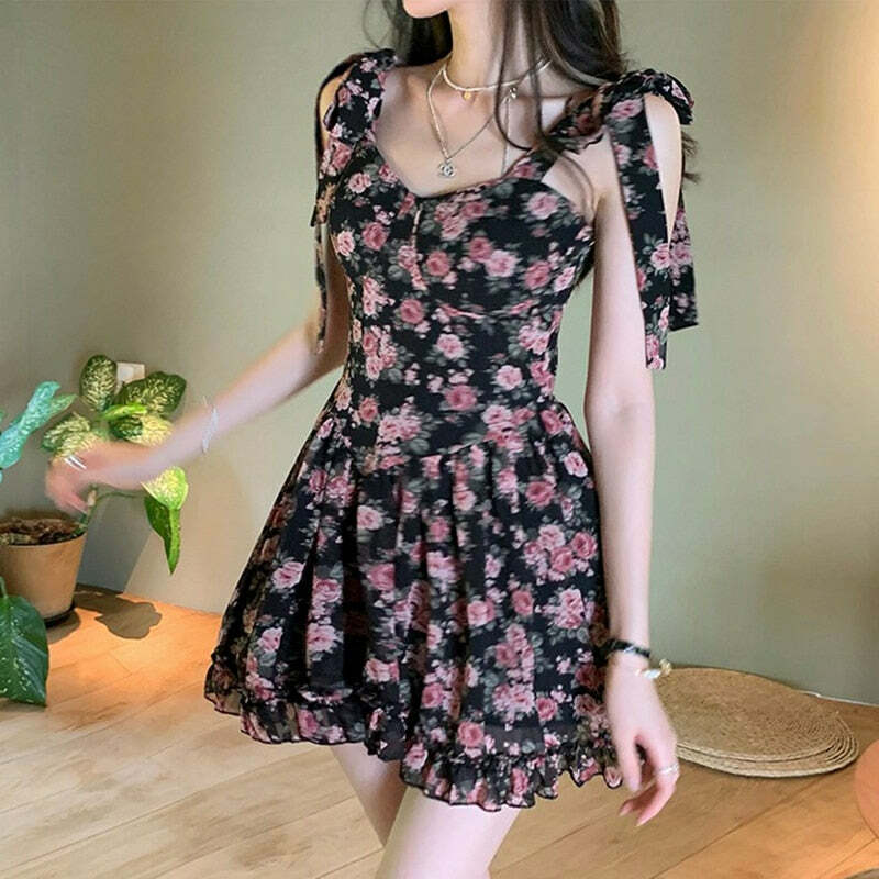 Y2K Floral Mini Dress - Soft Girl Aesthetic, 90s Grunge, Summer Y2K Outfits, Retro Style