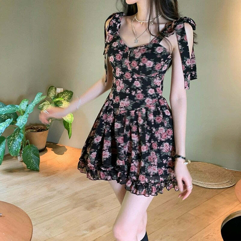 Y2K Floral Mini Dress - Soft Girl Aesthetic, 90s Grunge, Summer Y2K Outfits, Retro Style