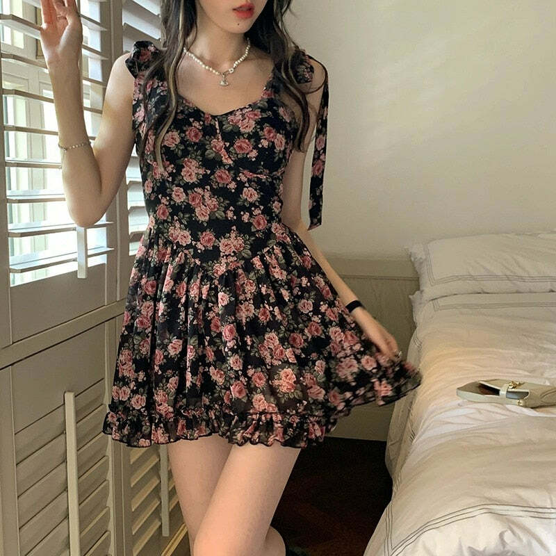 Y2K Floral Mini Dress - Soft Girl Aesthetic, 90s Grunge, Summer Y2K Outfits, Retro Style