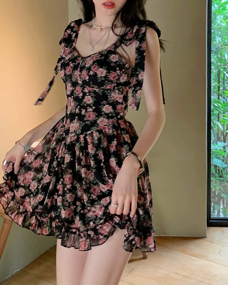Y2K Floral Mini Dress - Soft Girl Aesthetic, 90s Grunge, Summer Y2K Outfits, Retro Style