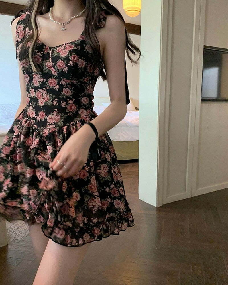 Y2K Floral Mini Dress - Soft Girl Aesthetic, 90s Grunge, Summer Y2K Outfits, Retro Style