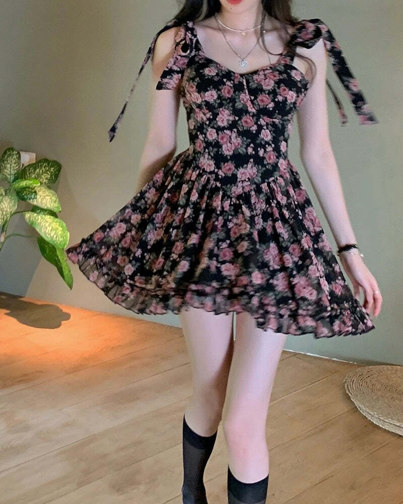 Y2K Floral Mini Dress - Soft Girl Aesthetic, 90s Grunge, Summer Y2K Outfits, Retro Style