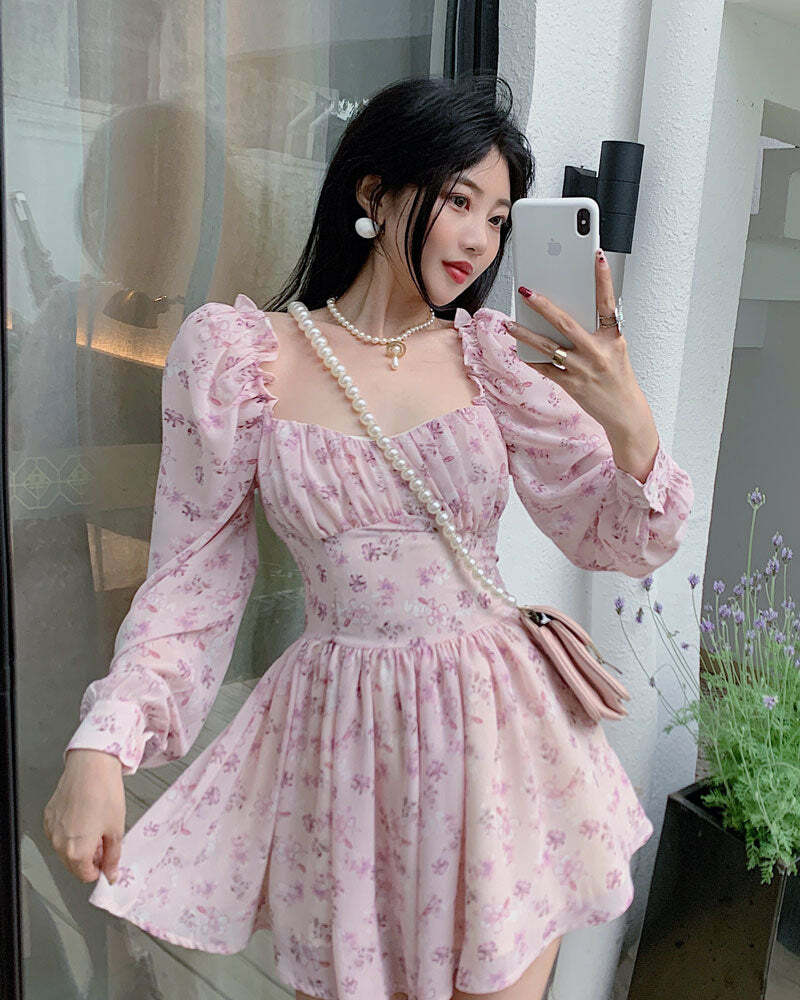 Y2K Floral Mini Dress - Soft Girl Vintage 90s Grunge Summer Outfit, Retro Y2K Fashion