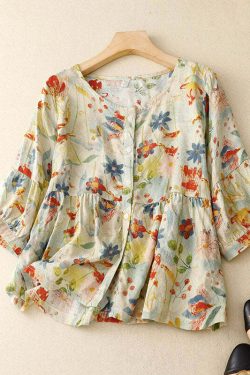 Y2K Floral Patchwork Linen T-Shirt - Retro 90s Grunge Summer Outfit, Y2K Fashion Top