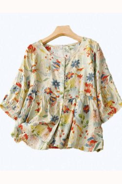Y2K Floral Patchwork Linen T-Shirt - Retro 90s Grunge Summer Outfit, Y2K Fashion Top
