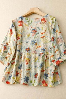 Y2K Floral Patchwork Linen T-Shirt - Retro 90s Grunge Summer Outfit, Y2K Fashion Top
