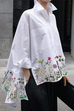 Y2K Floral Peter Pan Collar Cotton Shirt - Retro 90s Grunge Long Sleeve with Button Pockets