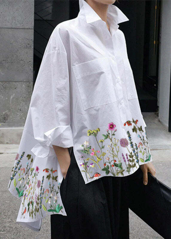 Y2K Floral Peter Pan Collar Cotton Shirt - Retro 90s Grunge Long Sleeve with Button Pockets