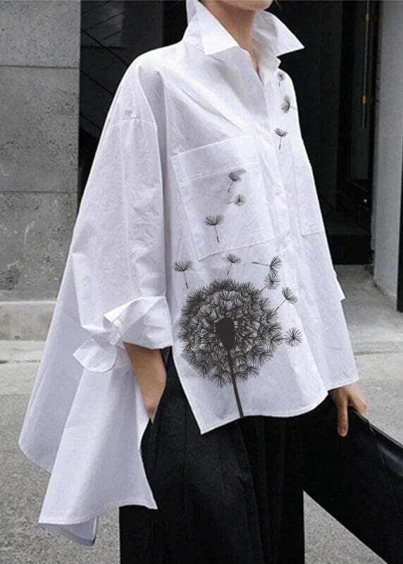 Y2K Floral Peter Pan Collar Cotton Shirt - Retro 90s Grunge Long Sleeve with Button Pockets