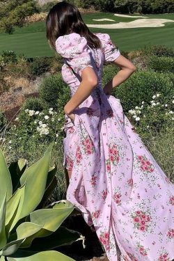 Y2K Floral Pink Maxi Dress - Retro 90s Grunge, Summer Cottagecore, Pastel Goth Outfit