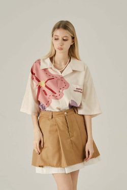Y2K Floral Print Button-Up Shirt - Retro 90s Grunge Summer Outfit, Y2K Fashion Top