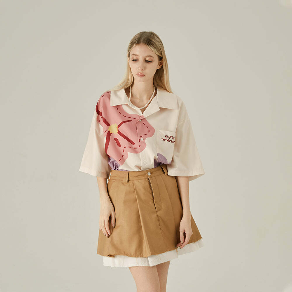 Y2K Floral Print Button-Up Shirt - Retro 90s Grunge Summer Outfit, Y2K Fashion Top