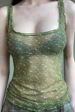 Y2K Floral Print Mesh Tank Top - Retro 90s Grunge Summer Outfit, Baby Tees, Y2K Fashion
