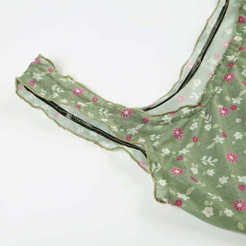 Y2K Floral Print Mesh Tank Top - Retro 90s Grunge Summer Outfit, Baby Tees, Y2K Fashion