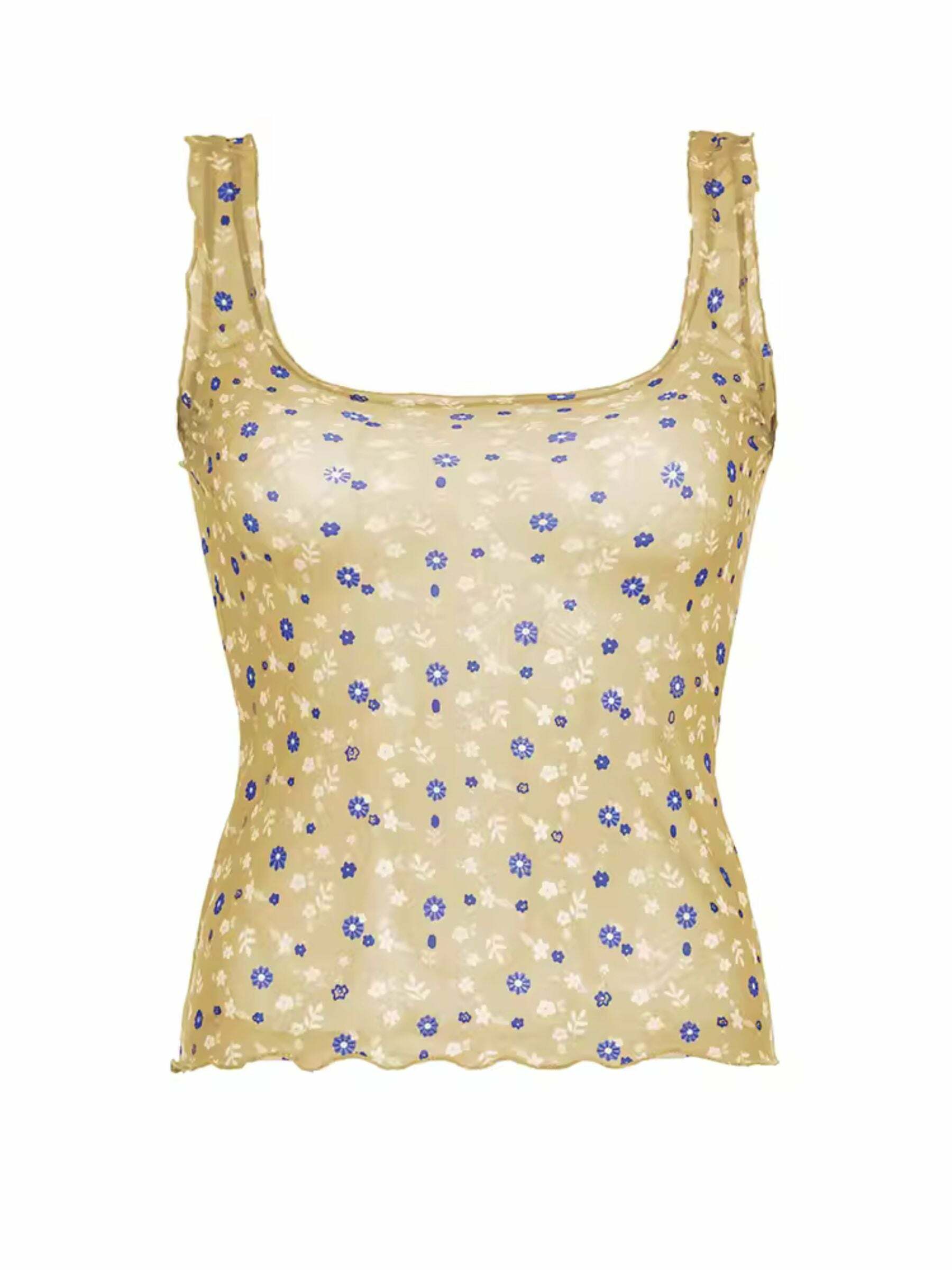 Y2K Floral Print Mesh Tank Top - Retro 90s Grunge Summer Outfit, Baby Tees, Y2K Fashion