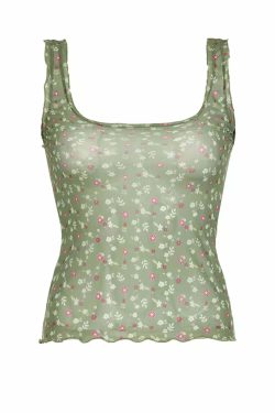 Y2K Floral Print Mesh Tank Top - Retro 90s Grunge Summer Outfit, Baby Tees, Y2K Fashion