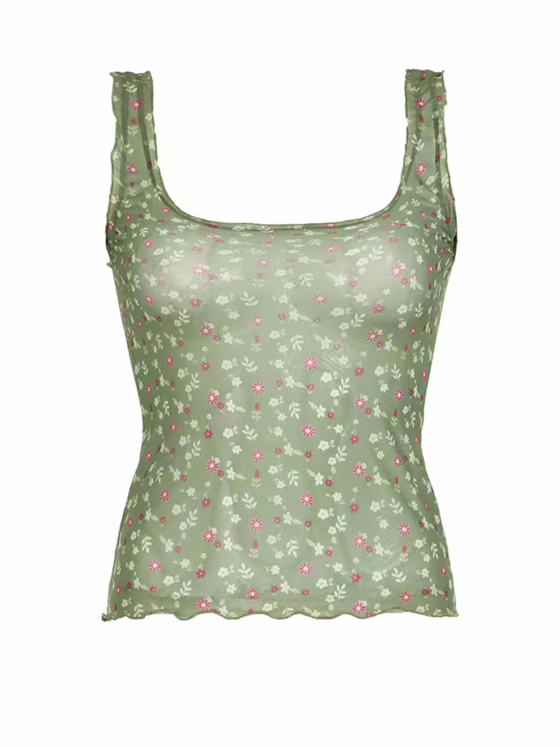 Y2K Floral Print Mesh Tank Top - Retro 90s Grunge Summer Outfit, Baby Tees, Y2K Fashion