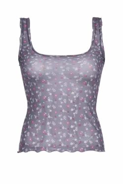 Y2K Floral Print Mesh Tank Top - Retro 90s Grunge Summer Outfit, Baby Tees, Y2K Fashion