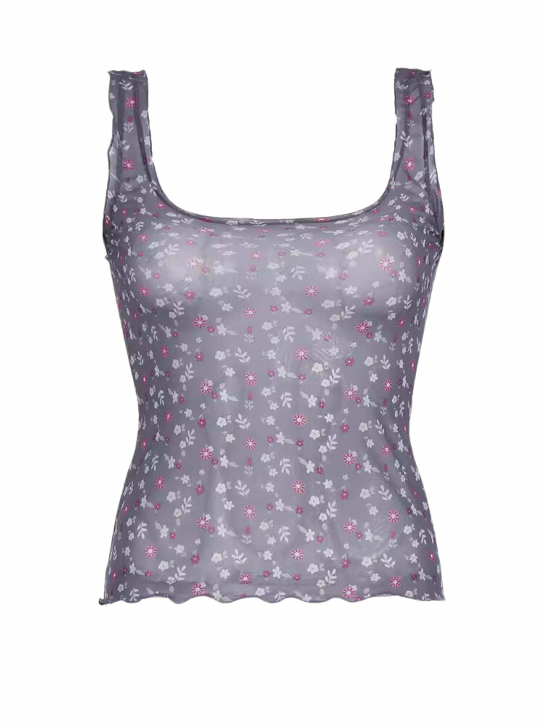 Y2K Floral Print Mesh Tank Top - Retro 90s Grunge Summer Outfit, Baby Tees, Y2K Fashion
