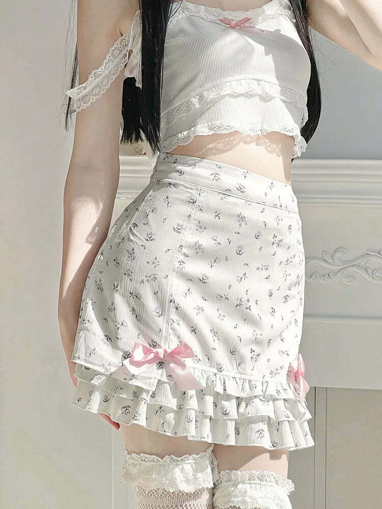 Y2K Floral Ruffle Mini Skirt - 90s Grunge, Retro Summer Outfit, Pastel Goth, Y2K Party Look